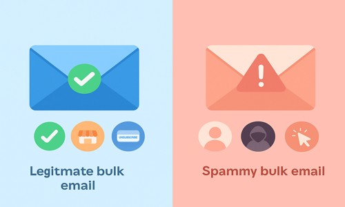 Side-by-side flat illustration comparing legitimate bulk email and spammy bulk email, with icons showing trust signals like permission, branding, and unsubscribe on one side, and deceptive elements like hidden senders and warning signs on the other.