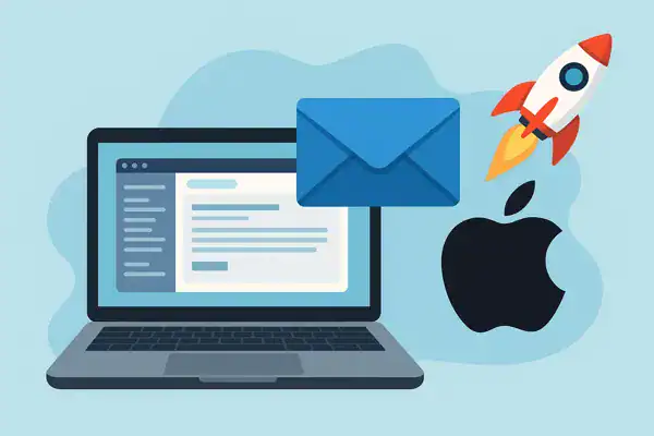 Illustration of a MacBook displaying an email client, with a blue envelope icon, Apple logo, and a rocket symbolizing productivity and digital growth for the article: Top 7 Email Clients for Mac: Best Apple Software to Boost Work