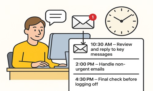 Illustration of a person managing emails at specific times during the day, with a visible clock and email windows representing time-blocked productivity.