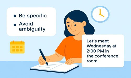 Flat-style illustration of a woman writing in a notebook with visual elements like a calendar, clock, and a clear meeting example — emphasizing the importance of using specific details in emails to avoid ambiguity.