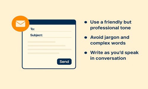 Flat-style illustration of an email draft on screen, with three tips next to it: use a friendly tone, avoid jargon, and write as you’d speak — representing how to write clearer, more conversational emails.