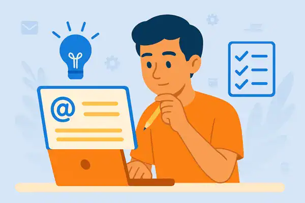 A young man wearing an orange shirt thoughtfully reviews an email on his laptop, surrounded by visual elements like a blue checklist and lightbulb, representing ideas and clear communication.