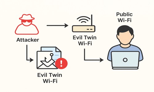 Diagram showing a hacker setting up a fake Wi-Fi hotspot to trick a user into connecting and intercepting their data or delivering phishing emails.