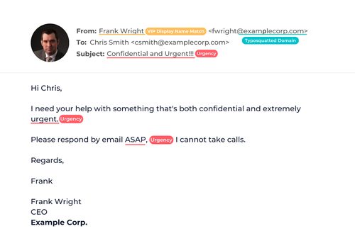 Example of a phishing email impersonating a CEO, highlighting urgency tactics, VIP display name spoofing, and a typosquatted domain to manipulate the recipient.
