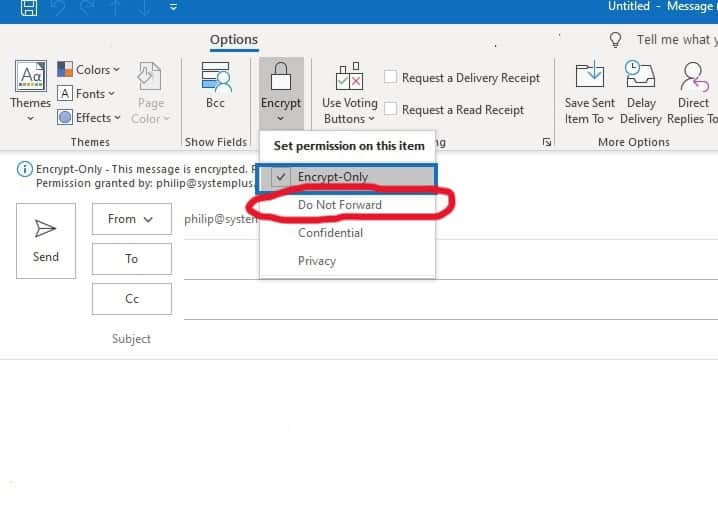 Screenshot showing how to secure an email in Outlook by selecting the “Do Not Forward.” option from the permissions menu, as part of the step-by-step process to protect sensitive messages in 2025.