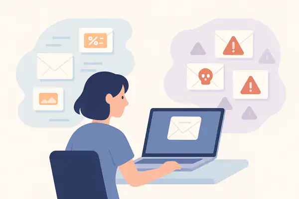 Flat-style illustration of a person checking emails on a laptop, surrounded by harmless promotional messages on one side and dangerous spam alerts on the other, visually representing the difference between junk email and spam.