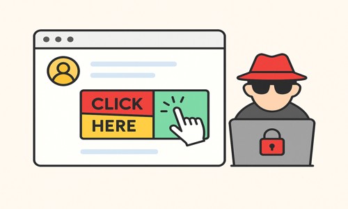 Illustration of a deceptive online ad labeled “Click Here” being clicked, with a hacker in the background representing malware hidden behind promotional banners.