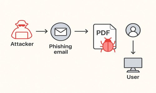 Illustration of an attacker sending a phishing email with a malicious PDF attachment that infects the user's device.