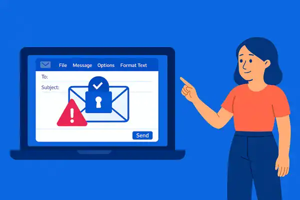 Illustration of a woman pointing to a secured email with a phishing warning icon on a laptop screen, representing how to stop phishing emails in 2025.