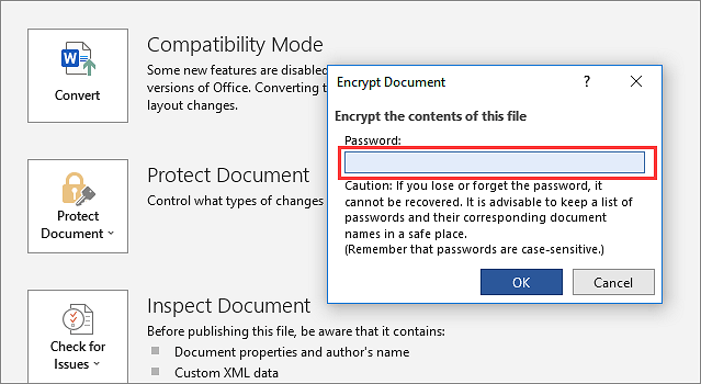 This is a screenshot of  a Password-protecting a sensitive document in Microsoft Word before attaching it to secure an email in Outlook