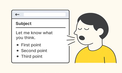 Illustration of a person reading an email draft aloud, helping to identify unclear or awkward sentences before sending.