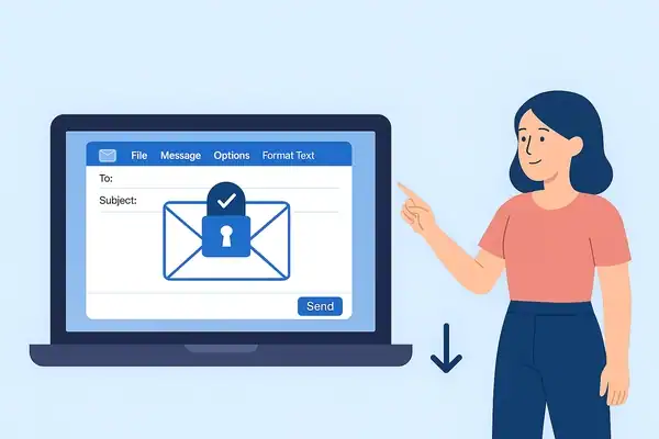 Woman pointing at a laptop screen with secure email icon in Outlook, showing email protection steps.