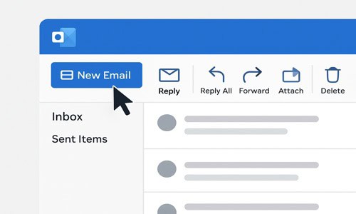 Illustration of Outlook interface with the 'New Email' button highlighted in the top-left corner, representing the first step to composing a secure email.