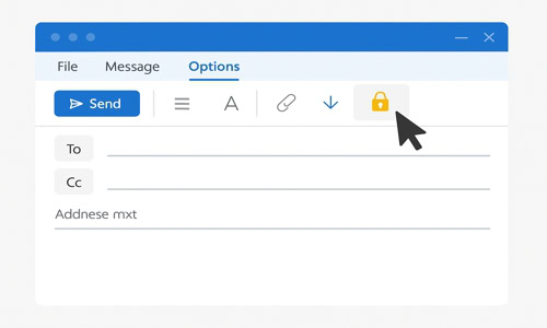 Outlook email composition window with cursor pointing at the Encrypt button under the Options tab, showing where to enable email encryption