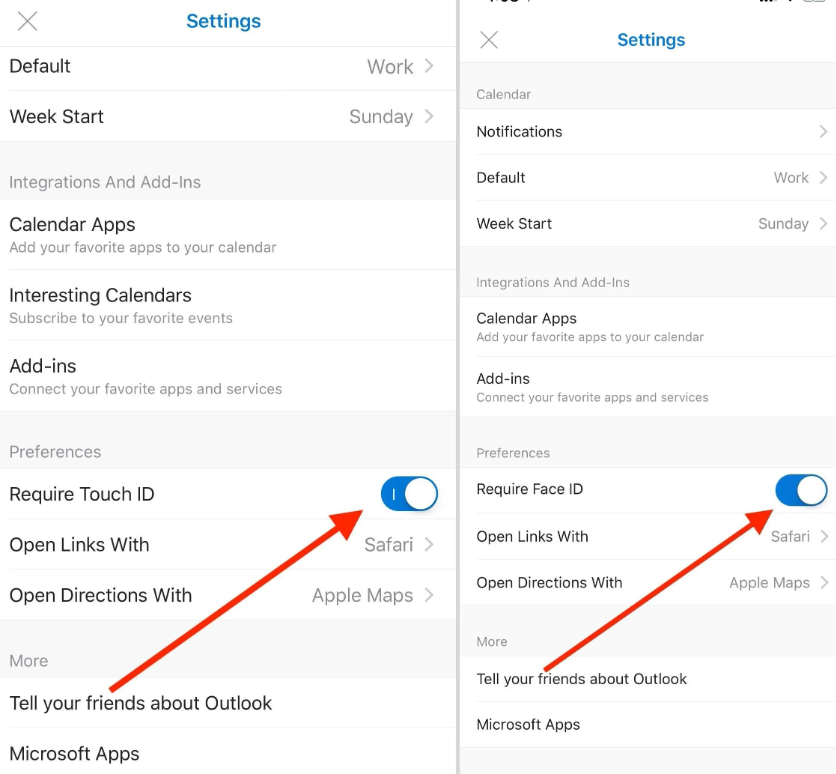 Screenshot showing how to enable Face ID or Touch ID in the Outlook mobile app to secure your Outlook email.
