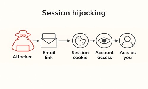 Step-by-step illustration of session hijacking for the article "How to Spot and Recognize a Phishing Email in 2025" — showing how an attacker uses a phishing email to steal session cookies and gain unauthorized access to act as the user.