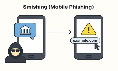 Illustration of a smishing attack where a hacker sends a fake SMS posing as a bank, leading the user to a suspicious website via mobile.