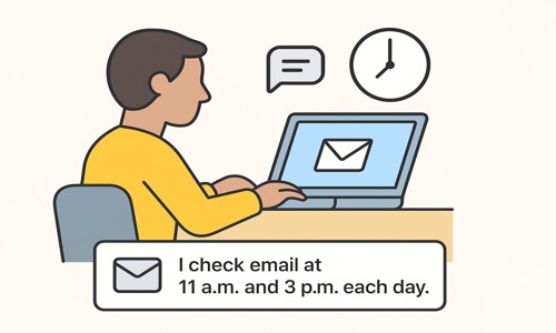 Illustration of a person writing an email with a visible signature stating reply hours, promoting clear communication and digital boundaries.