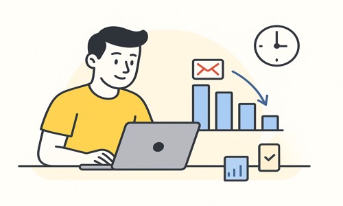 Illustration of a person at a desk tracking email activity over time with a decreasing bar chart and clock, representing improved digital habits.