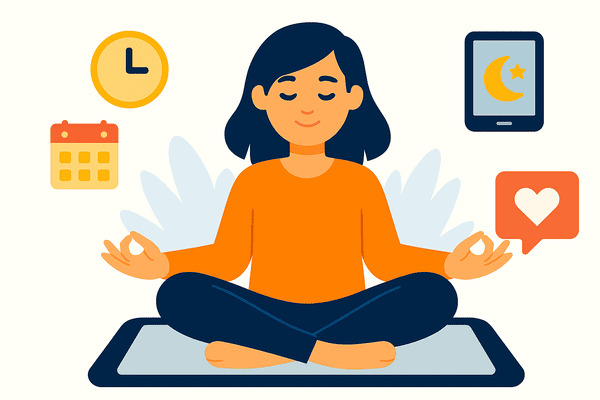Woman meditating with digital wellness icons around her, representing healthy digital habits for better focus and mental wellbeing