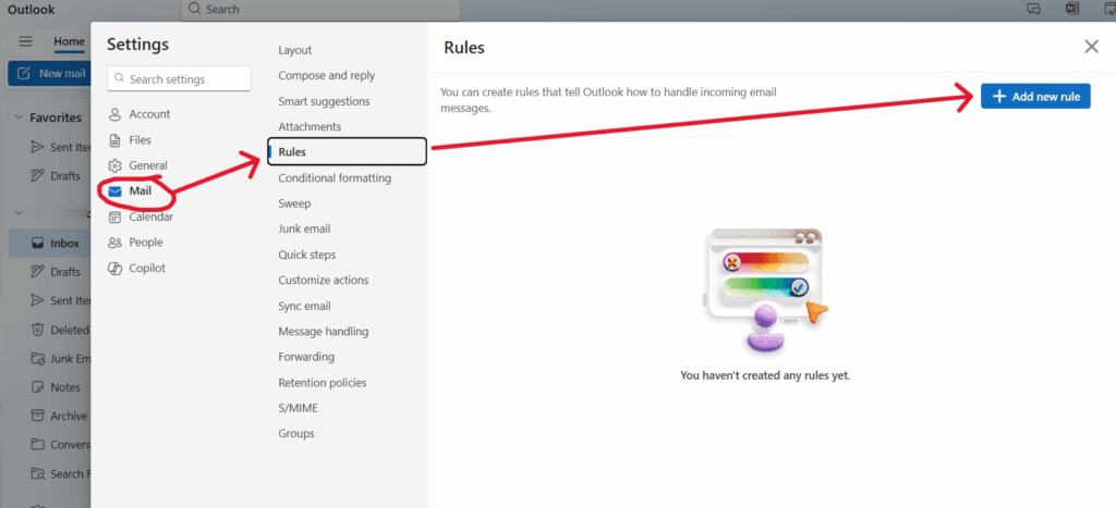 Screenshot illustrating how to access rules in Outlook desktop settings to automatically delete old emails using rules.