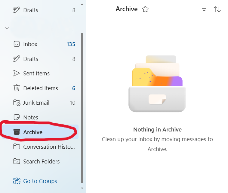 This is a screenshot of the Archive folder used to better organize emails in Outlook.