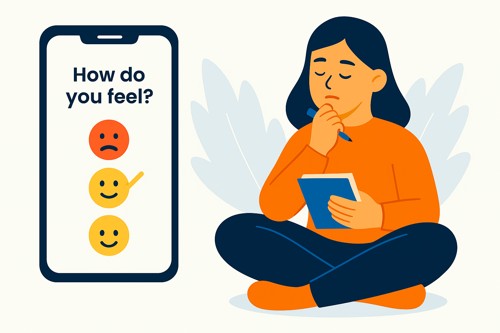 Phone Detox illustration showing a person reflecting on emotional wellbeing after reducing screen time