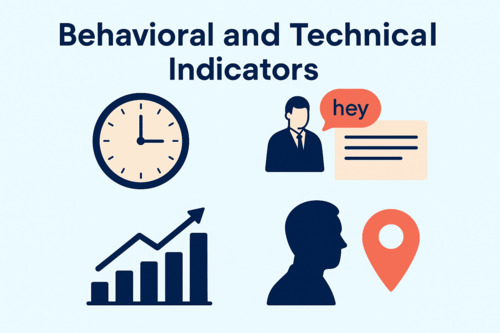 Illustration representing behavioral and technical indicators of Business Email Compromise (BEC), including unusual sending times, informal language from executives, spikes in email activity, and unexpected login locations.