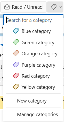 This is a screenshot of the categories to help users organize their emails more effectively in Outlook.