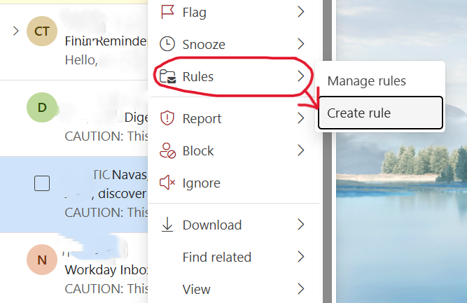This screenshot shows the first step to creating rules in Outlook for organizing your emails.
