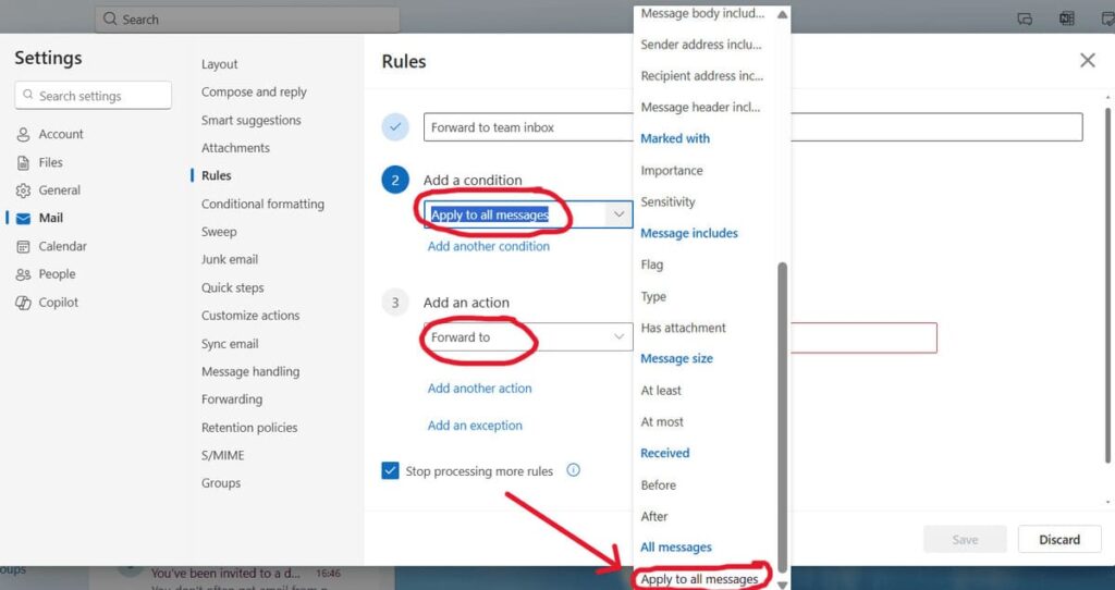 This is a screenshot showing the creation of a new forwarding rule, featured in the article How to Auto Forward Emails in Outlook (Step-by-Step Guide).