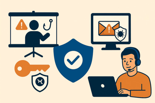 Flat illustration of an organization’s digital security measures, including employee training, antivirus software, login protection, and multi-factor authentication systems.