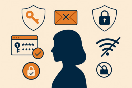 Illustration of cybersecurity protection for individuals, showing a person securing passwords, using two-factor authentication, and avoiding phishing and malware threats.  