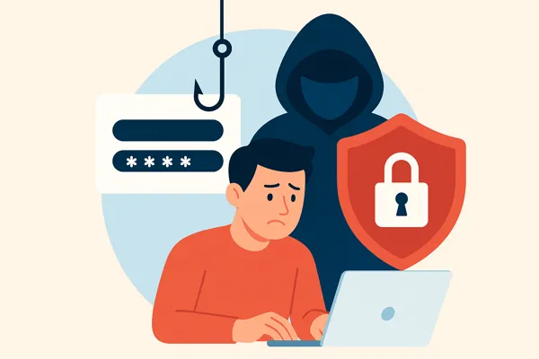 Illustration of credential harvesting, showing a hacker behind a worried user as login credentials are targeted by a phishing hook — representing how hackers steal login information.