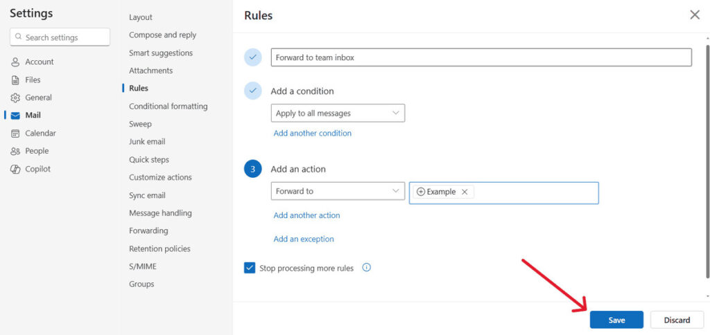 This is a screenshot of defining forwarding settings, featured in the article How to Auto Forward Emails in Outlook (Step-by-Step Guide).
