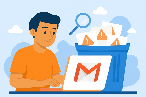 Illustration of a person deleting promotional emails in Gmail, representing how to delete all promotions in Gmail easily.