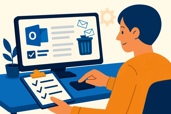Illustration of a person managing emails in Outlook on a desktop, symbolizing how to delete old emails in Outlook automatically.