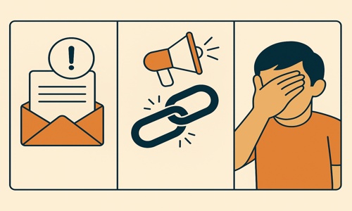 Three-panel illustration showing email bombing used for revenge or blackmail: inbox overload, a masked figure representing threat, and a stressed recipient under pressure.