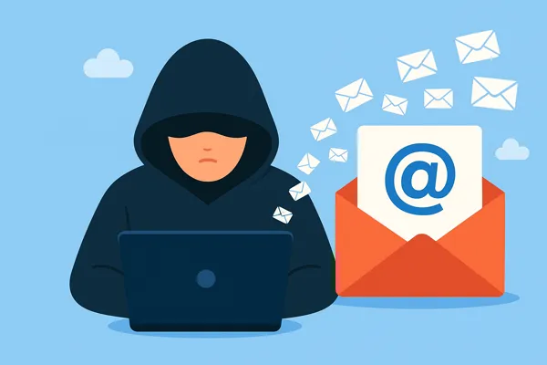 Illustration of a hacker sending multiple emails, representing the concept of email bombing — What Is Email Bombing? How to Stop It