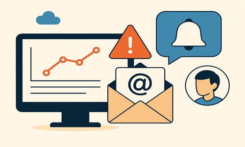 Flat-style illustration of a computer screen displaying warning icons and email alerts, representing real-time system monitoring for detecting email bombing threats.