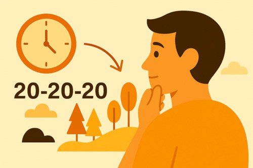 Illustration of a man practicing the 20-20-20 rule to reduce screen time, with a clock and nature background symbolizing a visual break from screens.