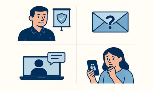 Flat-style illustration highlighting employee cybersecurity training: a smiling man beside a presentation with a security shield, an email icon with a question mark representing suspicious messages, a virtual meeting on a laptop with a speech bubble, and a worried woman holding a smartphone with a padlock symbol.