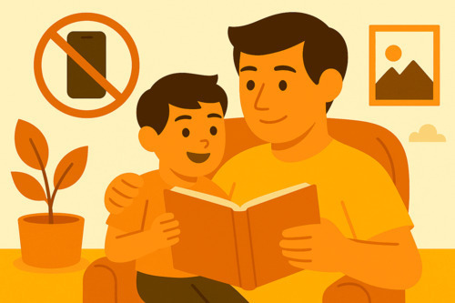 Father and daughter sharing screen-free bonding time by reading together in a relaxed setting.