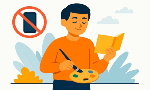 Phone Detox illustration showing a person reading and painting outdoors without using a smartphone