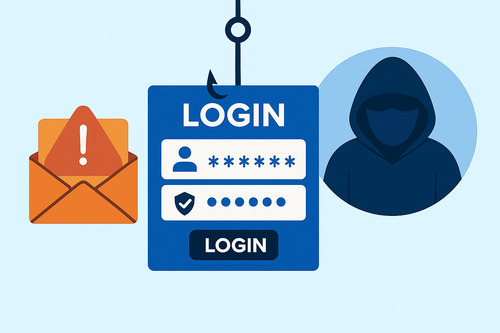 Flat-style illustration showing a hacker intercepting user credentials through a fake login page and phishing email, visually representing a Credential Harvesting attack using social engineering.