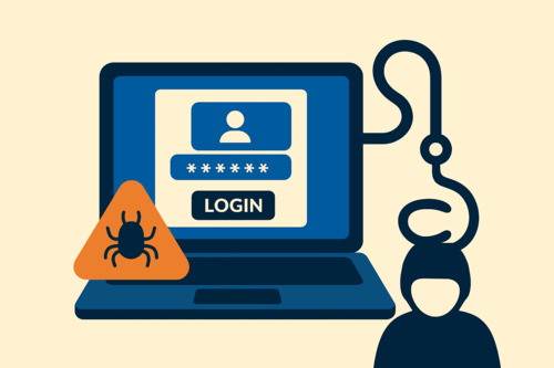 Flat-style illustration of a hacker using a laptop infected with malware to capture user keystrokes, visually representing Credential Harvesting through keyloggers and spyware.