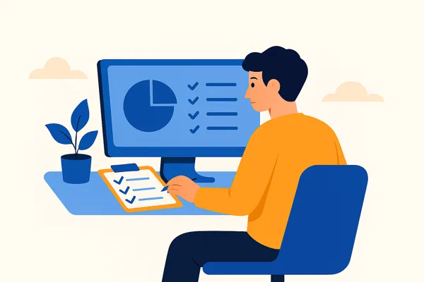 Illustration of a person organizing emails on a computer screen, symbolizing healthy email routines to reduce inbox overload