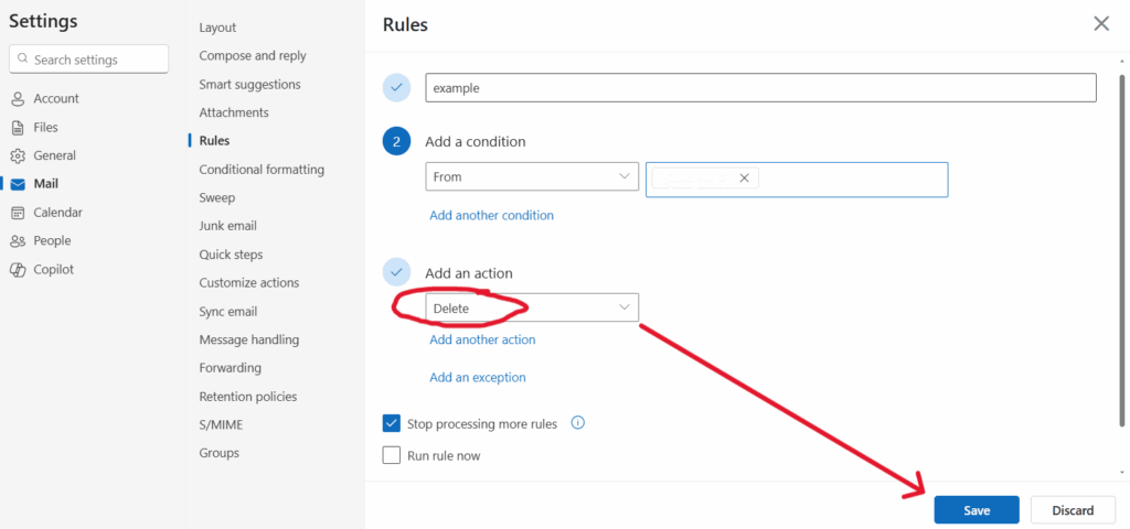 Step-by-step screenshot showing how to create a rule in Outlook to automatically delete specific emails based on defined conditions.