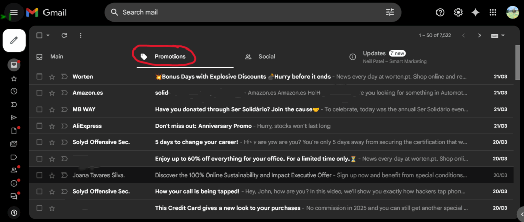 This is a screenshot of Step 1 explaining how to delete all Promotions in Gmail.
