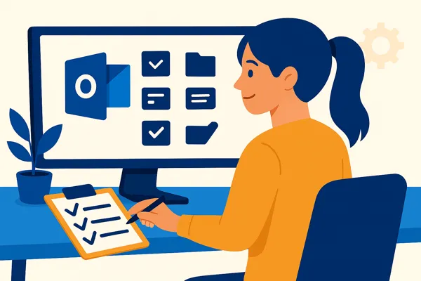 Illustration of a woman managing her inbox at a desk, with checklists and folders on a computer screen for the article : How to organize emails in Outlook